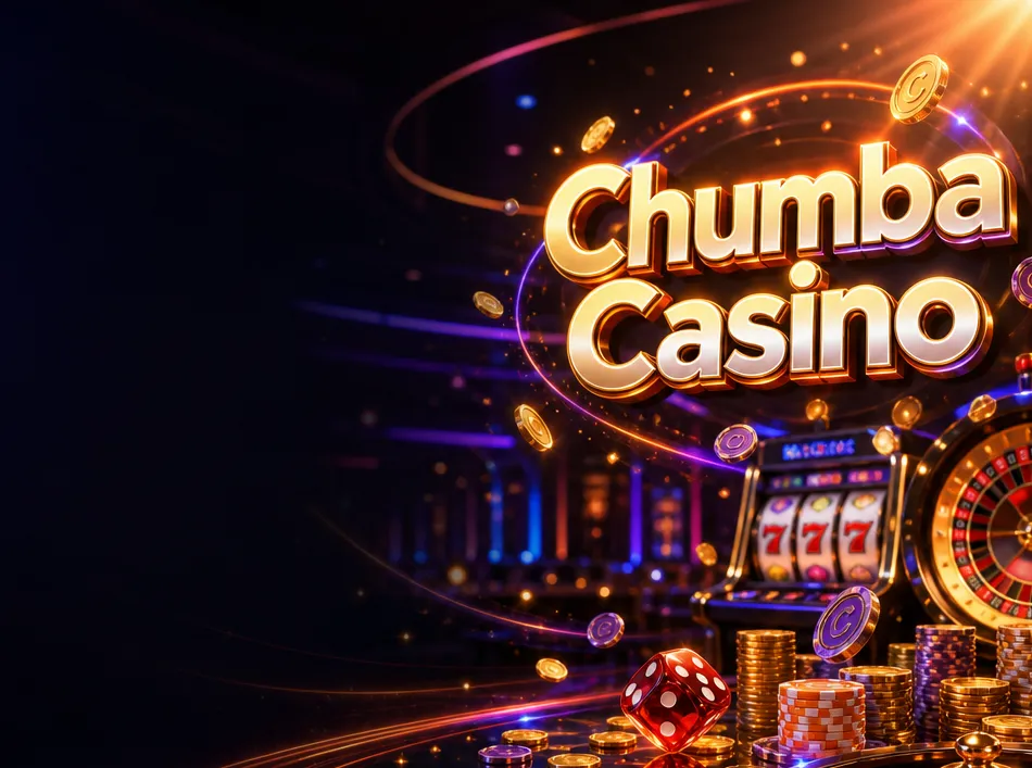 Generate a photorealistic, high-energy hero banner image for an online social casino brand called "Chumba Casino".
Scene com